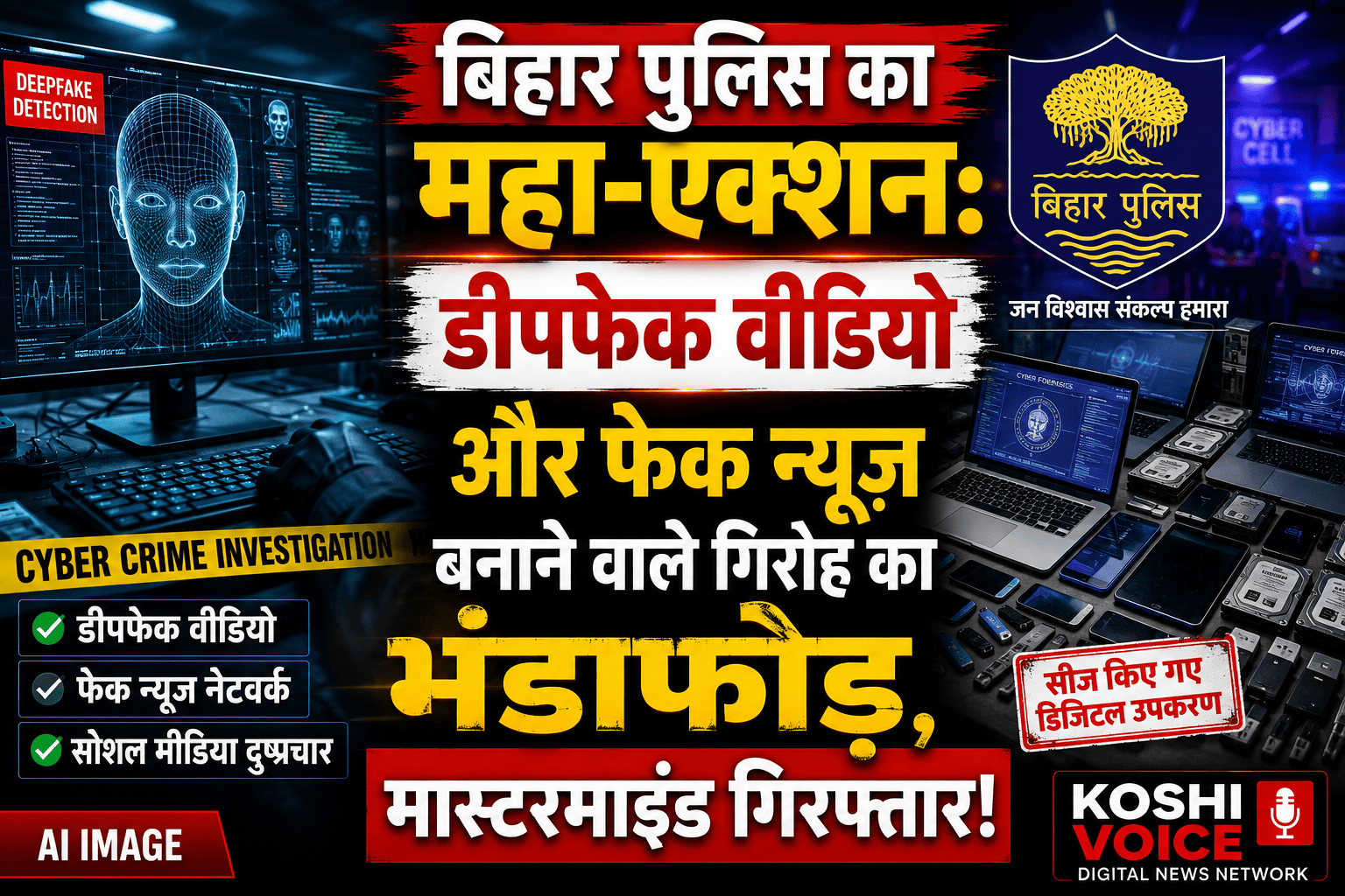 🚨बिहारमेंडीपफेकऔरफेकन्यूजगिरोहपरबड़ाप्रहार: साइबरक्राइमयूनिटकामेगाएक्शन, मास्टरमाइंडसहितकईशातिरगिरफ्तार! 🚨