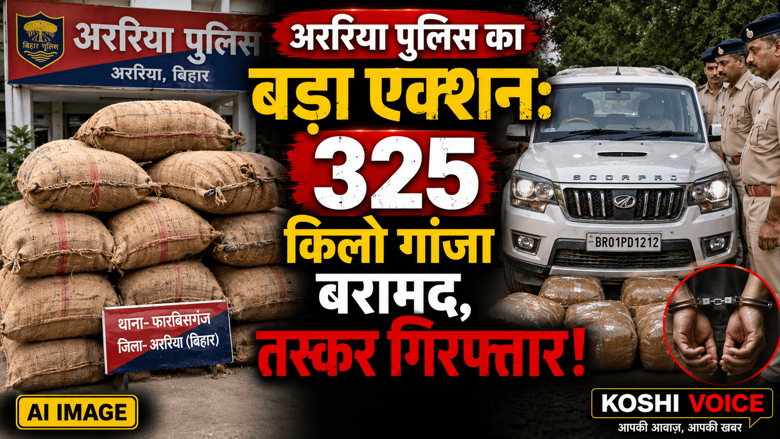 🚨 बिहार पुलिस का बड़ा प्रहार: अररिया में 325 किलो गांजे के साथ शातिर तस्कर गिरफ्तार, स्कॉर्पियो जब्त! 🚨
