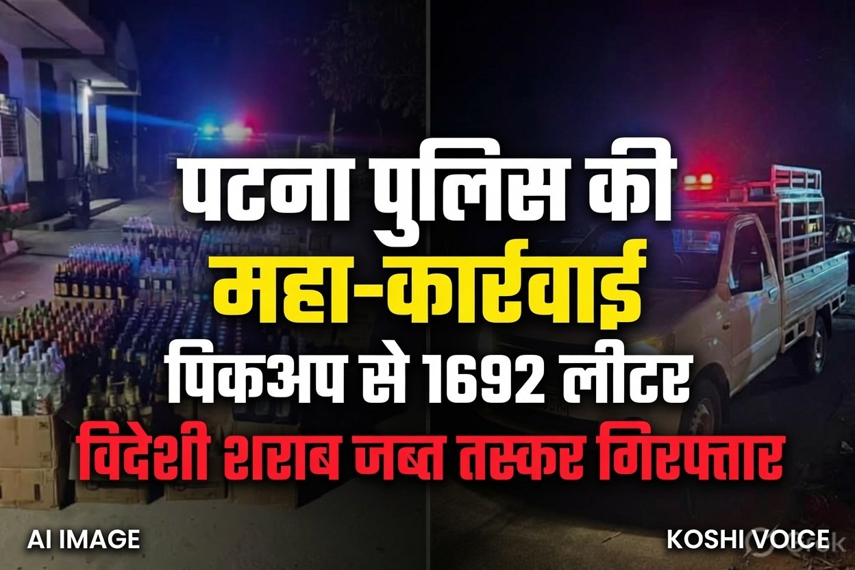 🚨 बिहार पुलिस का शराब माफिया पर बड़ा प्रहार: पटना  में पिकअप से 1692 लीटर विदेशी शराब जब्त, 1 तस्कर गिरफ्तार!🚨