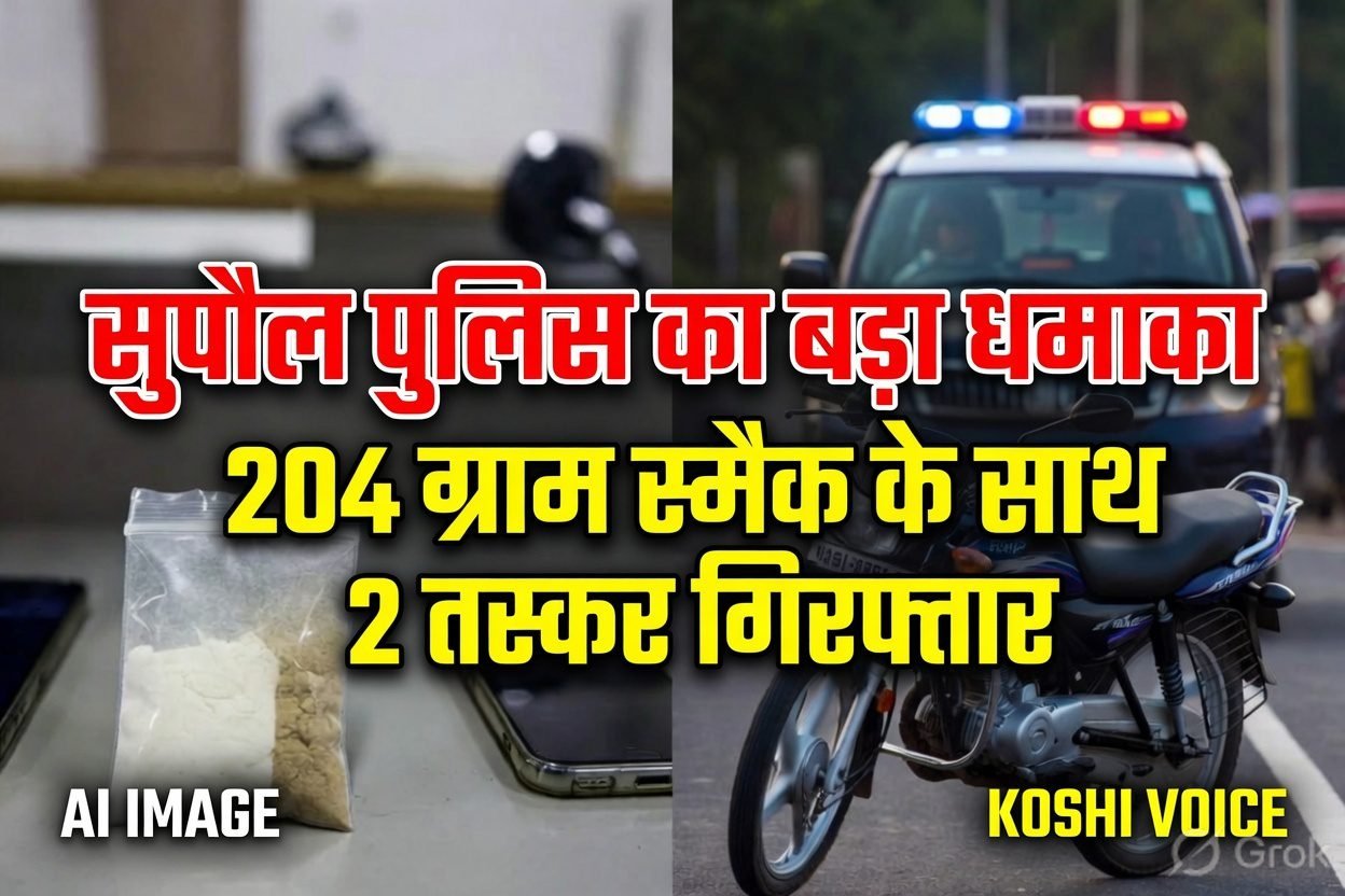 🚨 स्मैक तस्करों पर बिहार पुलिस का बड़ा एक्शन: सुपौल में 204 ग्राम स्मैक के साथ 2 गिरफ्तार, बाइक और मोबाइल जब्त! 🚨