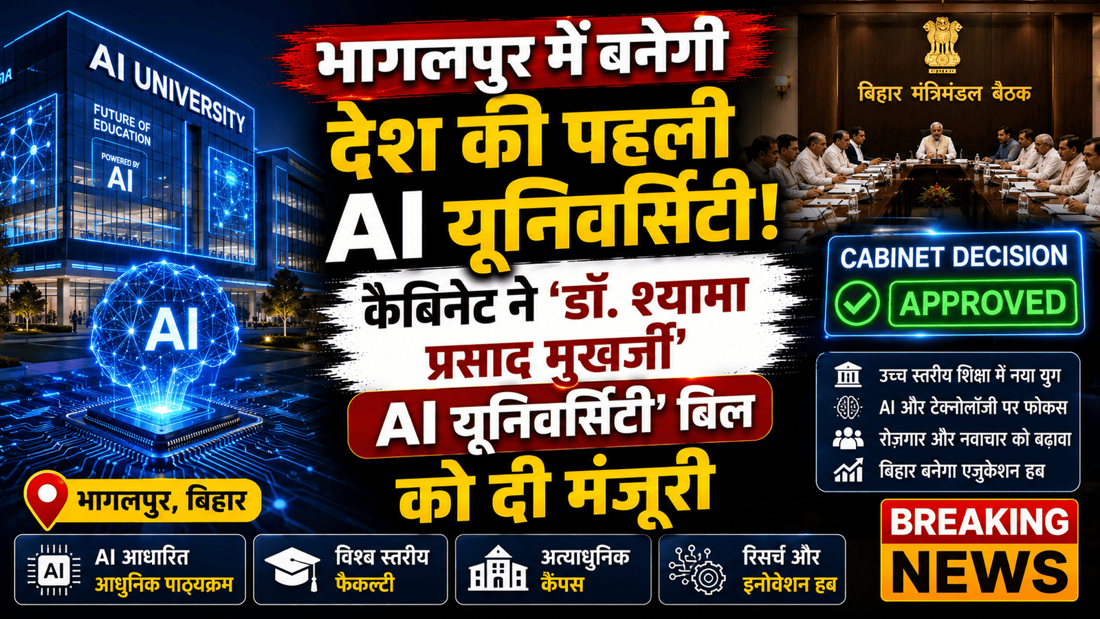🚨 भागलपुर को मिली ऐतिहासिक सौगात: कैबिनेट ने दी ‘डॉ. श्यामा प्रसाद मुखर्जी यूनिवर्सिटी ऑफ AI एंड कंप्यूटर साइंस’ बिल को मंजूरी! 🚨