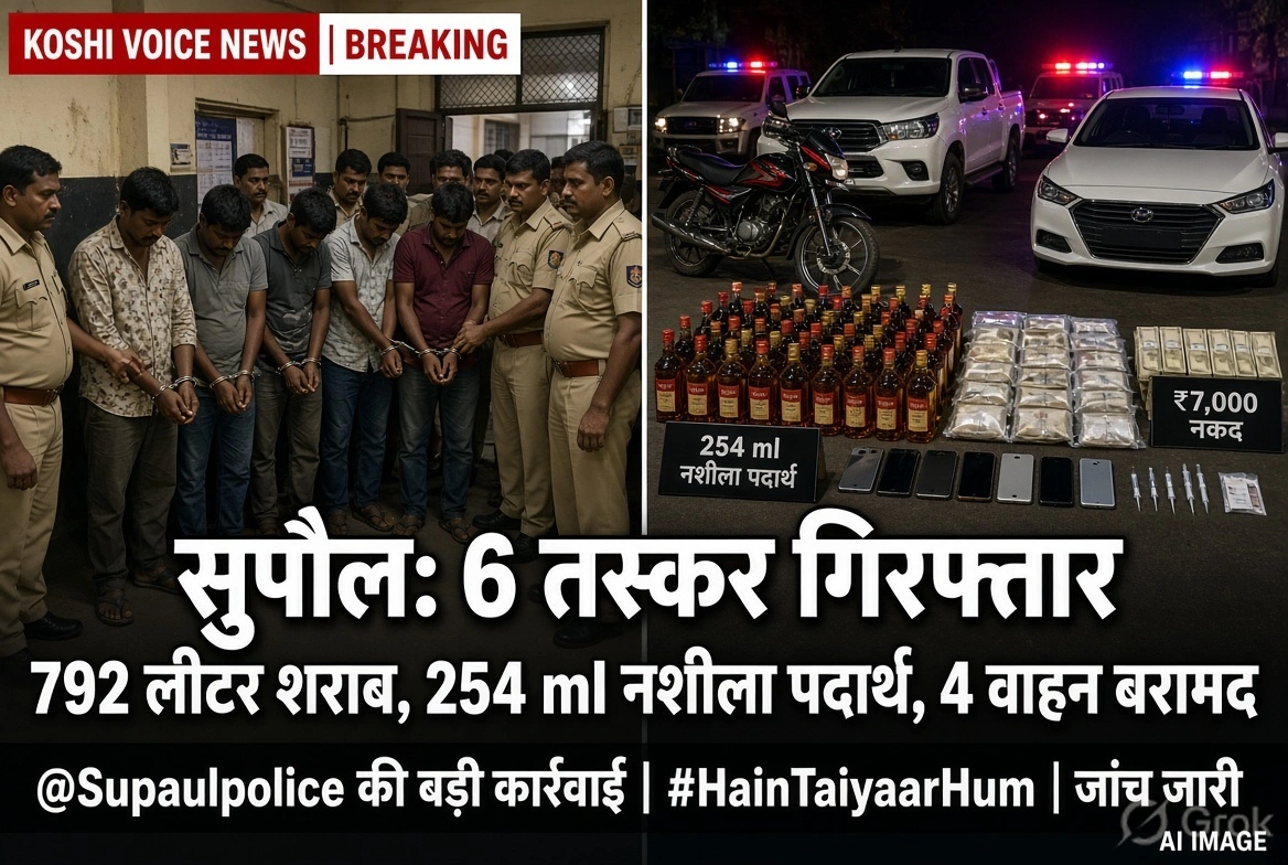 सुपौल में शराब व नशीले पदार्थ की बड़ी खेप जब्त, 6 तस्कर गिरफ्तार