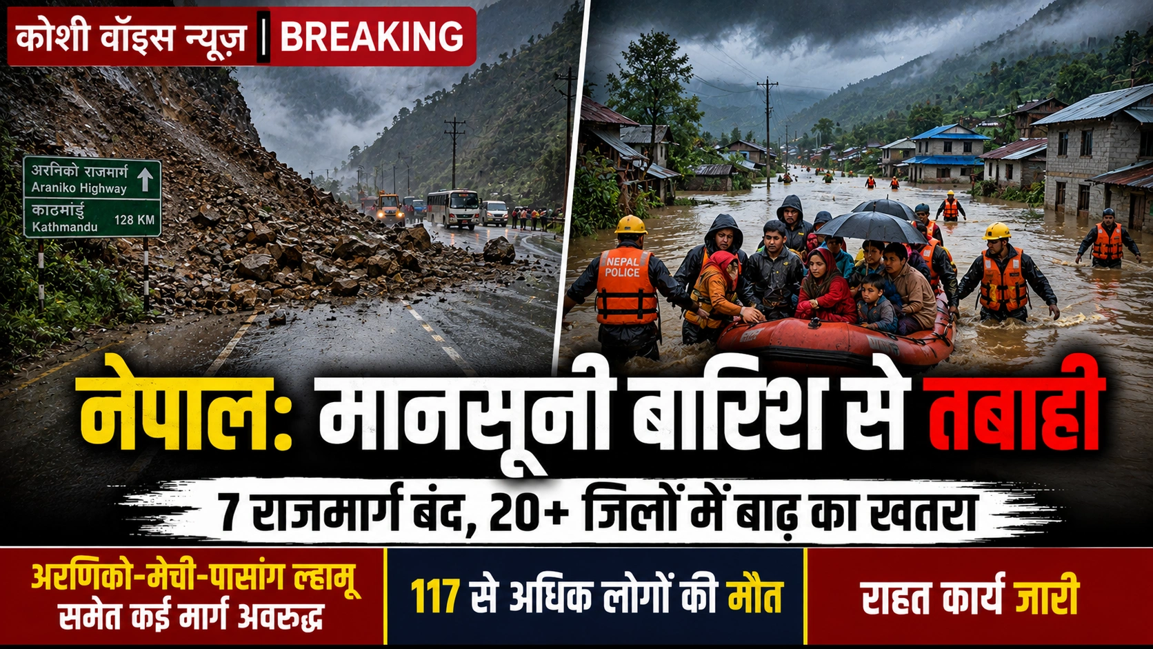 नेपाल: मानसून का कहर! अरणिको राजमार्ग ठप, 117 की मौत, 20 जिलों में अलर्ट