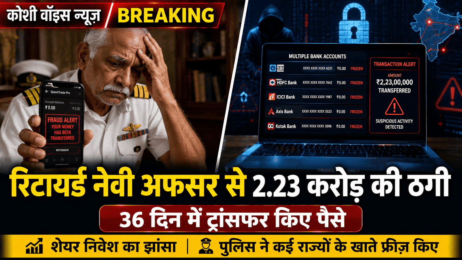 रिटायर्ड नेवी अफसर से शेयर निवेश के नाम पर 2.23 करोड़ की ठगी, 36 दिन में ठगों के खातों में ट्रांसफर कराए पैसे