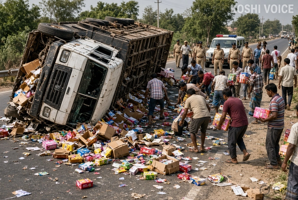 समस्तीपुर: NH-28 पर अनियंत्रित होकर पेड़ से टकराया ट्रक, मची लूट