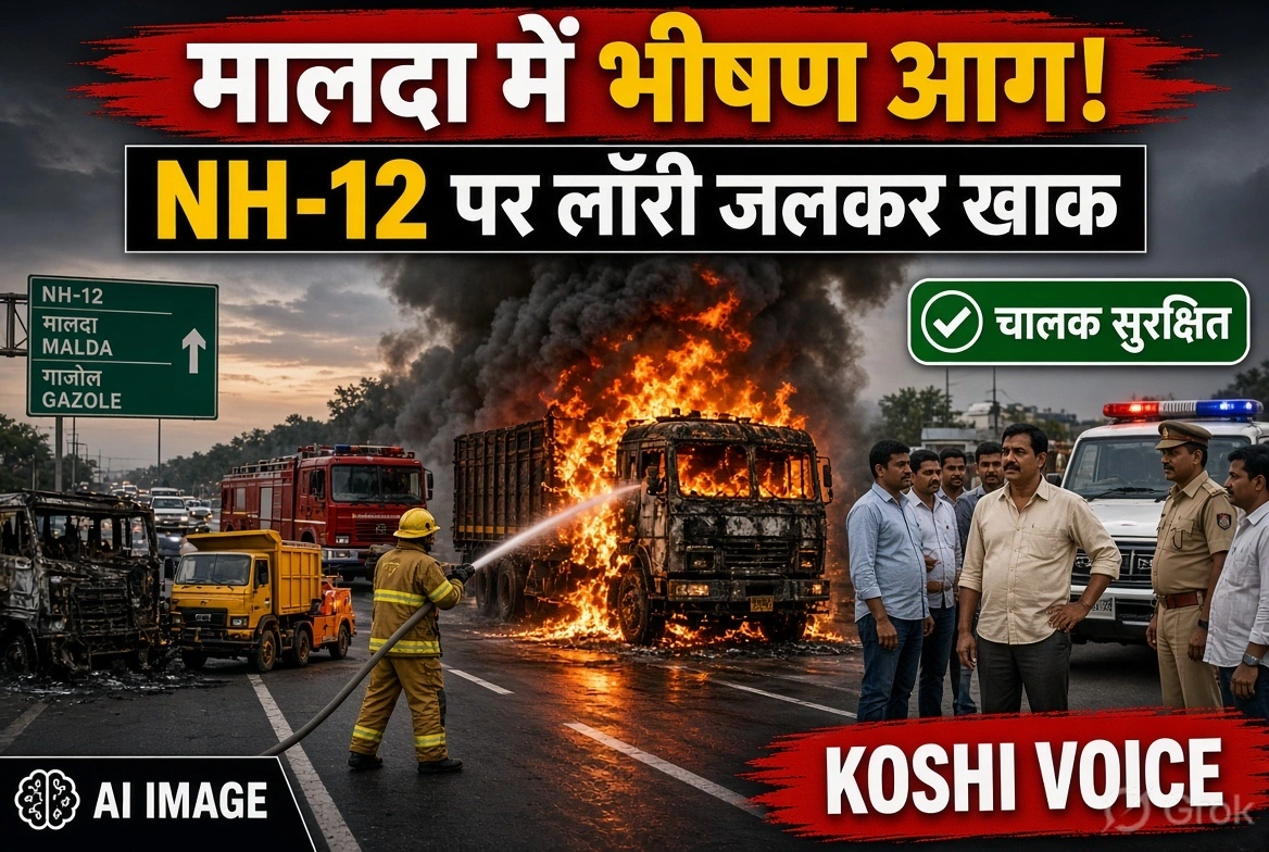 मालदा NH-12 पर चलती लॉरी में भीषण आग, दमकल ने पाया काबू, चालक सुरक्षित