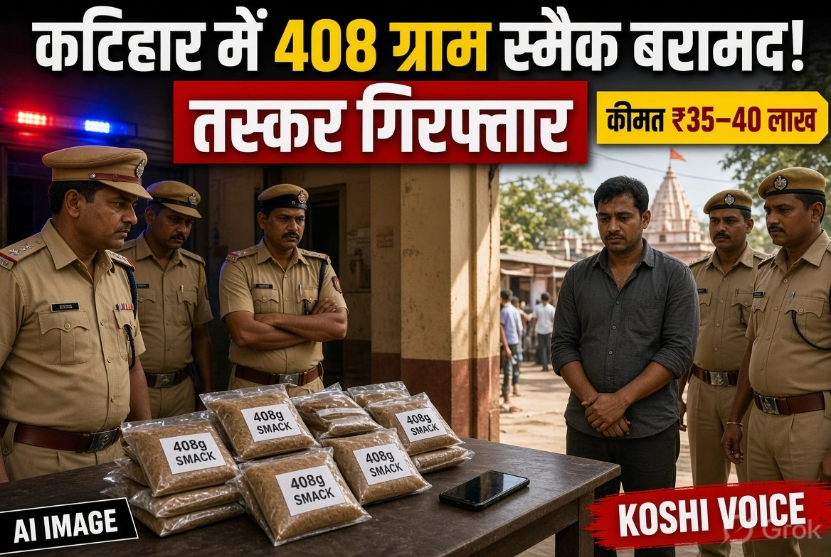 कटिहार पुलिस की बड़ी कार्रवाई: 408 ग्राम स्मैक के साथ तस्कर गिरफ्तार, अंतरराष्ट्रीय बाजार में कीमत 35-40 लाख