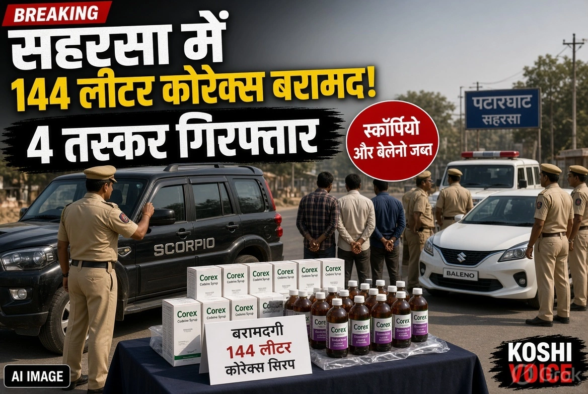 सहरसा में बड़ी कार्रवाई: 144 लीटर कोरेक्स सिरप बरामद, चार तस्कर गिरफ्तार, दो वाहन जब्त