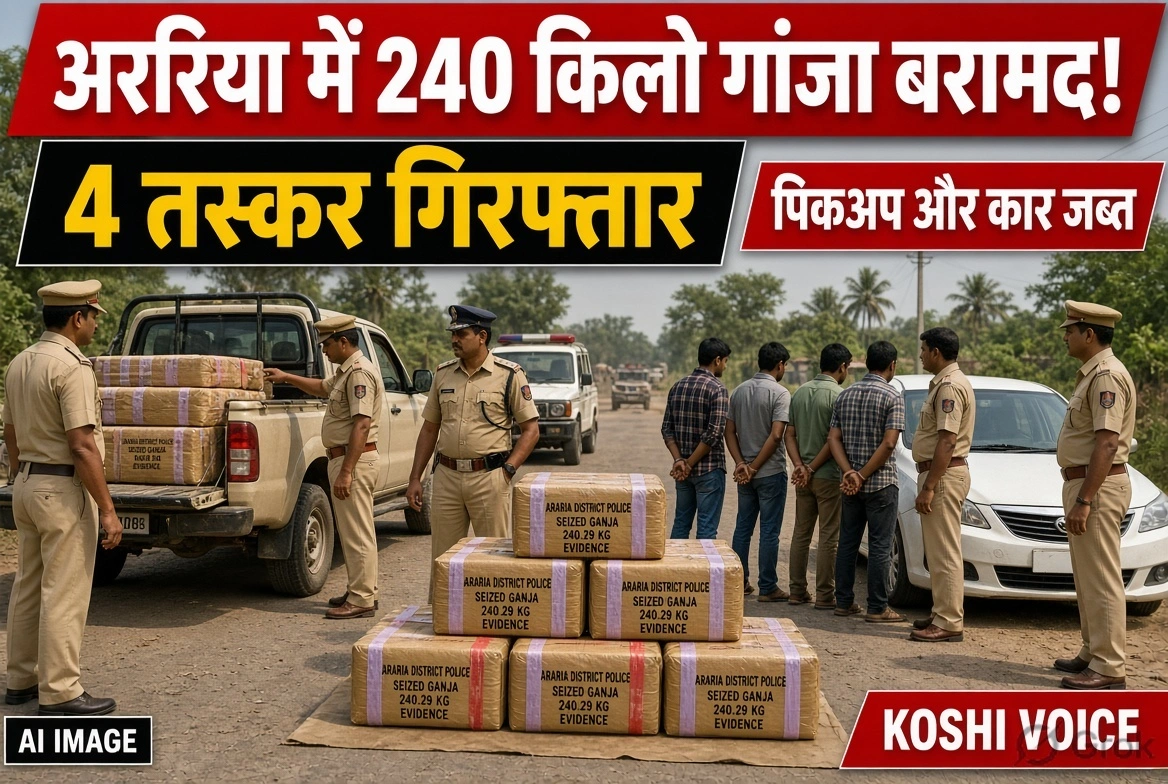 अररिया में बड़ी कार्रवाई: 240 किलो गांजा बरामद, चार तस्कर गिरफ्तार