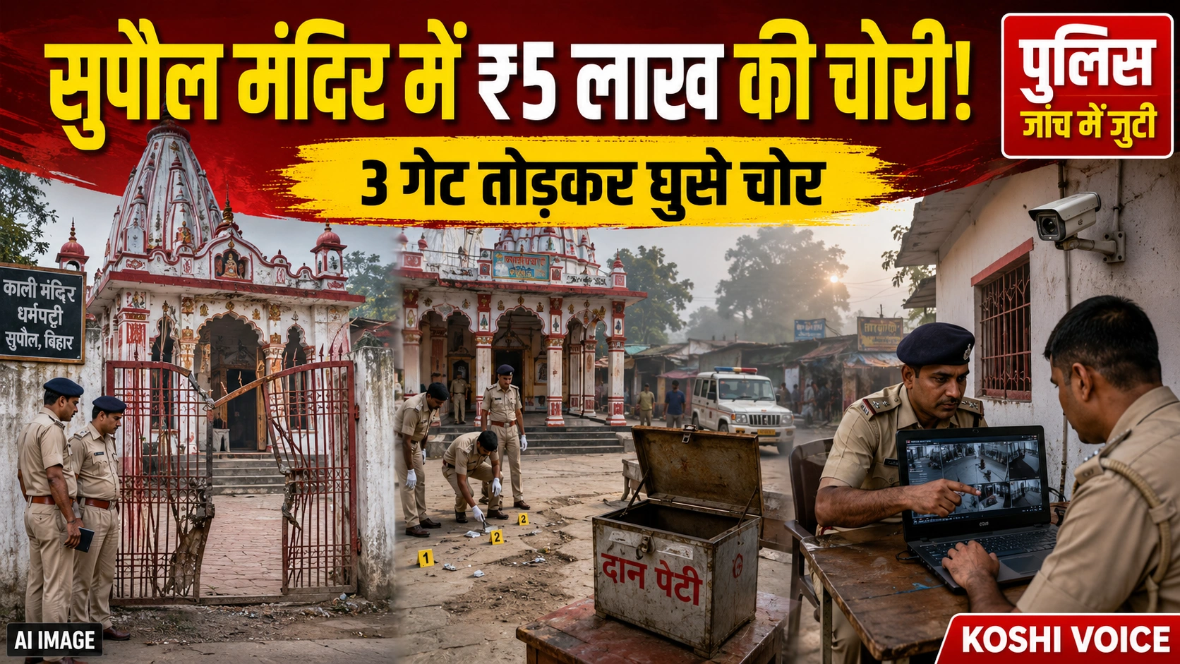 सुपौल: धर्मपट्टी काली मंदिर में 5 लाख की चोरी, चोरों ने तीन गेट तोड़े, पुलिस जांच में जुटी