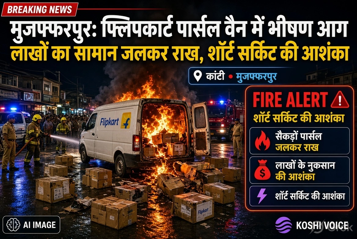 मुजफ्फरपुर में फ्लिपकार्ट पार्सल वैन में भीषण आग, लाखों का सामान जलकर राख